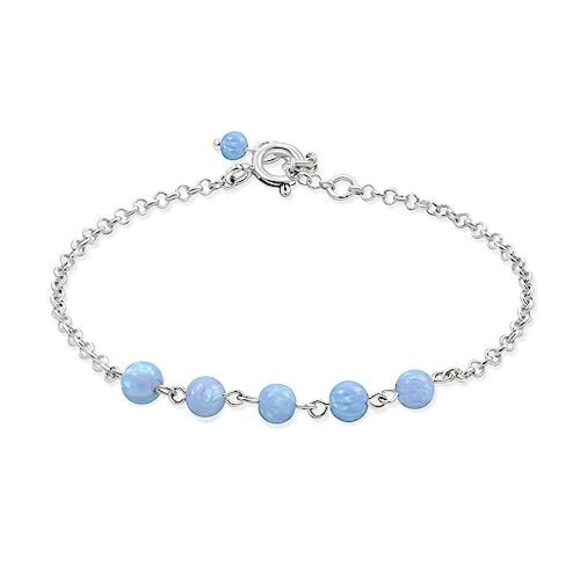 Jewelry - 925 Sterling Silver Blue Opal Bracelet - 4mm Round Beads Blue Opal Bracelet for